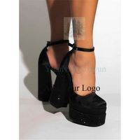 Rhinestone Lady's Dress Shoes Wedding Party Fancy Square Toe Strap High Heel Shoes Platform Summer Sandal Big Size 43