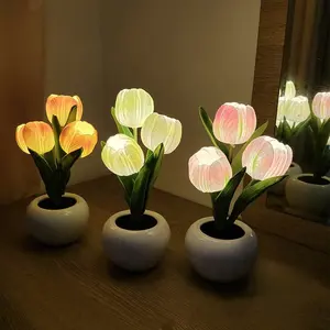 陶瓷室内家用书桌床头发光二极管台灯快速送货创意花卉郁金香软Pu 32亚克力卧室灯现代80