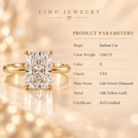 Bague de fiançailles solitaire en or jaune 14 carats avec diamant de laboratoire radiant 3 carats E VVS2, certifié IGI, personnalisable OEM ODM, vente en gros