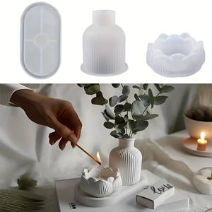 Set di 3 Stampi in Silicone per Resina Fai da Te Candelabro a Loto Vaso per Piante Grasse Stampo in Gesso e Cemento Vassoio Ovale Decorazione per la Casa - Product Image 1