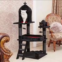 Tour à chat en bois gothique noir, lit en forme de cercueil, condo, poteaux à gratter, boule d'araignée, meubles à plusieurs niveaux, arbre à chat pour Halloween et Noël