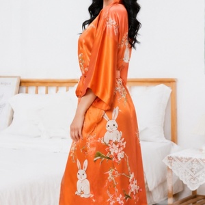 Nouvelle Robe de Nuit d'Été en Satin et Mousseline Imprimée, Peignoir Ample pour <span class=keywords><strong>Femme</strong></span>, Vêtement de Nuit, <span class=keywords><strong>Kimono</strong></span> à Col en V, Robe de Chambre de Luxe - Product Image 2