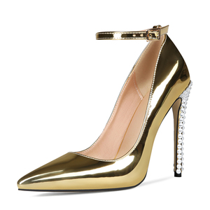 Escarpins dorés vernis grande taille 47 pour femme, sexy, à bride cheville, bout pointu, coupe large, ornés de diamants, talons aiguilles - Product Image 2