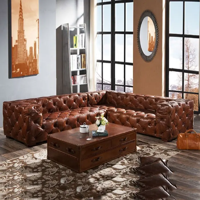 Conjunto de sofá Seccional de cuero personalizado, mueble vintage desgastado en forma de L, para sala de estar antigua