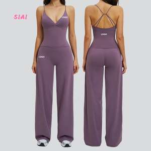 Ensembles de yoga élégants grande taille, extensibles dans quatre directions, respirants, avec haut à col en V et pantalon large à taille croisée - Product Image 1