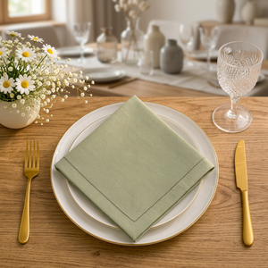 Serviette en lin de qualité supérieure |   Serviette de table vert sauge avec bordure contrastée en point de croix |   Serviette de table élégante - Product Image 3