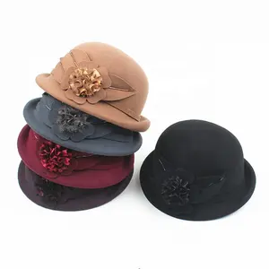 Cloche Luxury Quality Custom Beret Cap Elegant Women Wool Felt Cloche Church Bowler Derby Hat With Flower