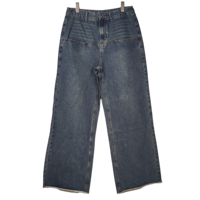 Jean droit décontracté taille mi-haute pour femme, style urbain, en denim uni, effet moustache, vintage, délavé, coupe ample