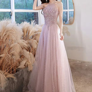 Abito da sera rosa da donna abito lungo da festa di <span class=keywords><strong>laurea</strong></span> con paillettes e perline romantici <span class=keywords><strong>abiti</strong></span> a trapezio naturali senza maniche - Product Image 1