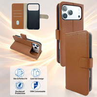 Casing HP Lipat PU Tekstur Litchi Lembut dengan Kompartemen Kartu di Dalam, Penyangga Lipat & Perlindungan 360 untuk 15 16 17 18 Pro Max
