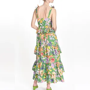 2024 Женская одежда, длинное платье с V-образным вырезом, Хлопковое платье с цветочным принтом в стиле бохо, элегантное шифоновое платье с рюшами, повседневные платья для женщин