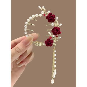 Elegante fermaglio per capelli con perle e nappe a forma di rosa per donne e ragazze, accessorio per feste. - Product Image 3