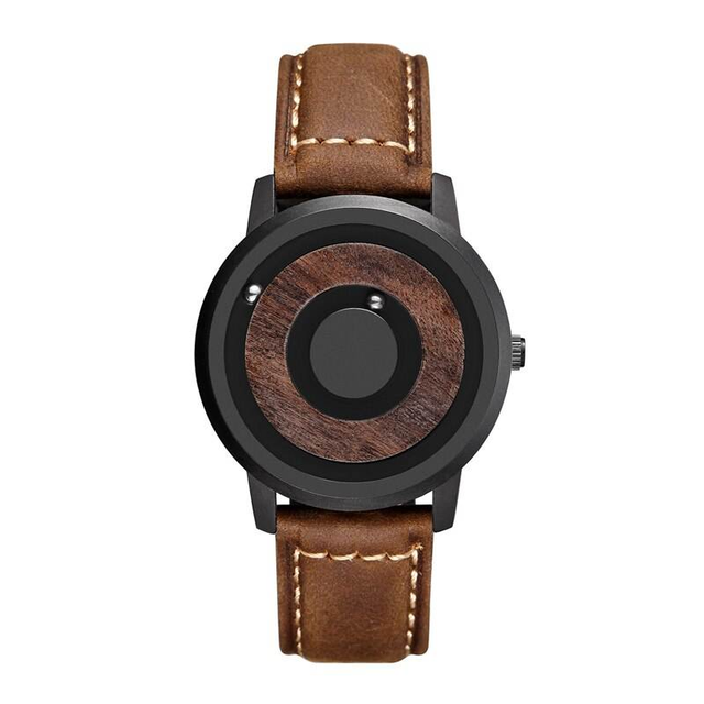 Minimalist Novelty Fashion Wood Men's Quartz Luxury Dial Scaleless Leather Men Magnetic Watch