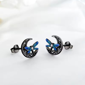 Boucles d'oreilles clous libellule et lune en argent sterling 925, personnalisées, bijoux célestes naturels, pavé de zircones cubiques pour femmes, vente en gros - Product Image 2