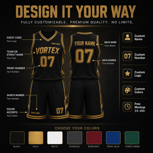 Maillot de basketball de luxe <span class=keywords><strong>noir</strong></span> <span class=keywords><strong>et</strong></span> or VORTEX, design premium, style urbain, sublimation personnalisée avec nom <span class=keywords><strong>et</strong></span> numéro, pour hommes <span class=keywords><strong>et</strong></span> femmes, mode urbaine, grandes tailles - Product Image 4