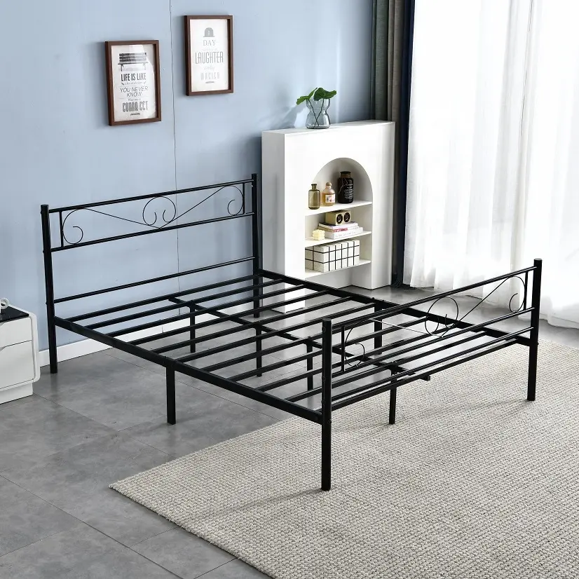 Cama de plataforma de hierro de diseño simple moderno para dos personas, marco de cama queen, color blanco y negro