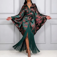Robe Boubou Chic en Satin Imprimé pour Femme, Col en V, Manches Chauve-Souris, Ourlet à Franges, Kaftan Ample, Robes de Soirée Africaines pour Fêtes, Mariages et Festivals