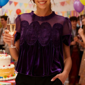 Nouvelle Blouse en Velours et Dentelle pour <span class=keywords><strong>Femme</strong></span> Printemps 2026, Col Rond, Manches Courtes, Coupe Évasée, Haut Élégant et Ample avec Design Intricate au Dos - Product Image 3