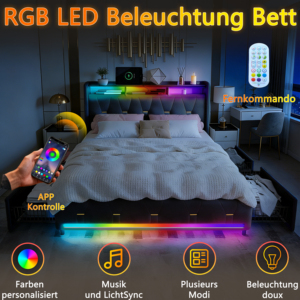 <span class=keywords><strong>Letto</strong></span> imbottito in lino, dotato di striscia LED, ricarica USB e Type-C, cassetti, ripiano sulla <span class=keywords><strong>testiera</strong></span> e doghe in <span class=keywords><strong>legno</strong></span>, grigio. - Product Image 4