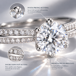 1 Carat Round Brilliant Cut Moissanite <b>Solitaire</b> <b>Ring</b> for Women S925 Sterling <b>Silver</b> 14K White Gold Plated Double Row Paved - Product Image 4