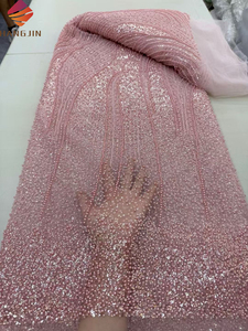 Thiết kế thời trang Cam vải ren Châu Phi với hạt và <span class=keywords><strong>sequin</strong></span> 5 yards sang trọng pháp Tulle Wedding ren vải nặng đính cườm - Product Image 3