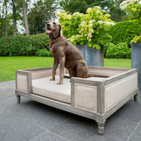 T0034 Canapé pour animaux de compagnie en bois de chêne massif de style français bohème de luxe, rembourré en tissu beige, durable, pour chien et chat
