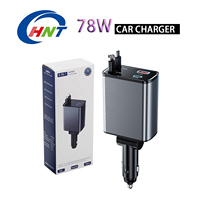 Chargeur de voiture HNT Factory Wholesale 78W à charge rapide, multi-ports, avec 2 câbles rétractables, compatible avec iPhone et ordinateur portable