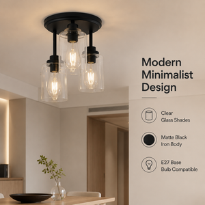 Lámpara de techo moderna de 3 bombillas, de montaje semiempotrado, de hierro negro con cristal transparente, para sala de estar, dormitorio, comedor, pasillo - Product Image 2