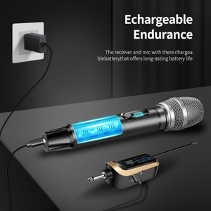 Microphones sans fil UHF doubles portables, faible latence, portée de 50 m, micro plug-and-play pour karaoké, soirées à domicile, <span class=keywords><strong>discours</strong></span>, vente en gros - Product Image 6