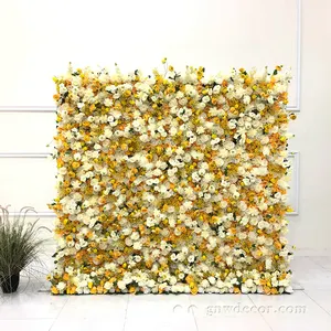 GNW अनुकूलित सजावटी कारखाने हस्तनिर्मित कृत्रिम चमकीले पीले गुलाब का फूल शादी की पृष्ठभूमि दीवार फूल दीवार Decals