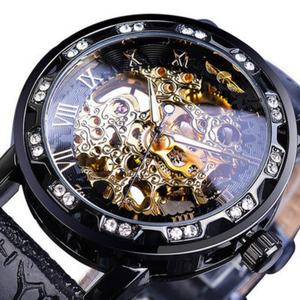 Montres mécaniques pour hommes WINNER 1089 avec strass ajourés, cadran en verre tendance, bracelet en cuir manuel - Vente en gros - Product Image 6