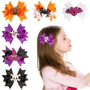 4.5 Inch Diy Kits For Kids Party Stacked Grosgrain Ribbon Hair Bows With Accessories Halloween Themed Hair Clips for Toddler