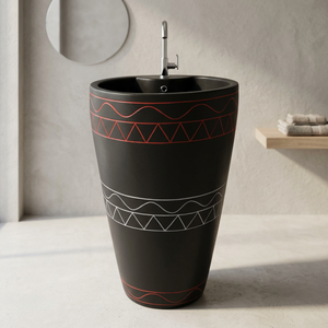 Lavabo de salle de bain autoportant rond en céramique de granit couleur chocolat clair sur piédestal pour usage commercial - Product Image 3