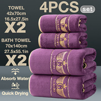 Lot de 4 serviettes de bain en polaire corail pour la vente en gros transfrontalière, absorbantes, douces, avec ailes brodées de fil doré, haut de gamme, pour usage domestique et hôtelier