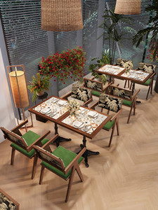 Muebles de Madera para Jardín, Cafetería o <span class=keywords><strong>Restaurante</strong></span>: Mesa de Comedor con Diseño de Hojas Tropicales, Sillas de Madera Maciza con Respaldo en X y Detalles Florales - Product Image 4
