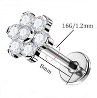Labret Fleur en Titane de Grade Implantaire ASTM F136 avec Pavé de Zircon Cubique, à Enfoncer Sans Filetage, pour Piercing Tragus, Hélix, Lobe, Conch