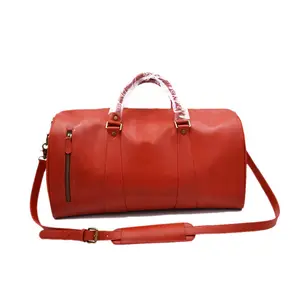 custom stylish fashion high quality red vegan PU faux leather duffle weekender bag woman travel overnight duffel bag
