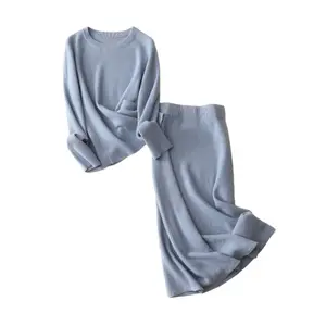 Design Luxury Korean Pure Cashmere Knit Striped Dress Women Two Piece Sweater Set