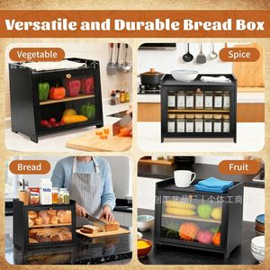 Boîte à pain en bois à double couche avec porte en verre, rangement de cuisine pour pain et pâtisseries - Product Image 4