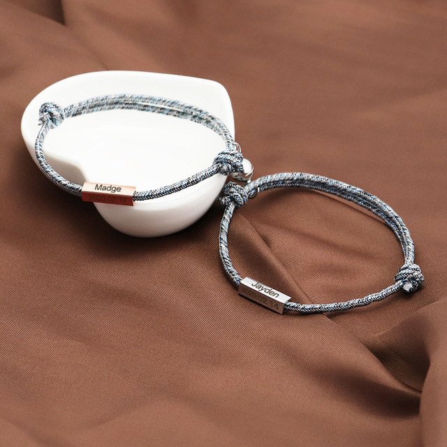 Valentine Gifts Custom Name Adjustable Stainless Steel Woven Magnetic Touch Couple Bracelet Long Distance