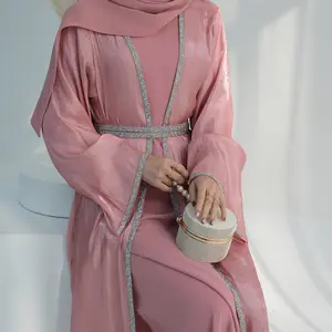 Latest Custom Islamic Clothing Dubai Luxury EID Modest Abayas Rhinestone Kimono For Muslim Women Dress Sparkly Open Abaya Set