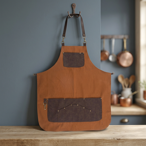 Classic Bib <b>Apron</b> Canvas Brown With Multiple Pockets For Daily Cooking Use - Product Image 3