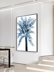 Arte de pared de lienzo de gran tamaño, marco flotante de árbol de coco azul con efecto estereoscópico, decoración de pared, pintura al óleo decorativa con marco