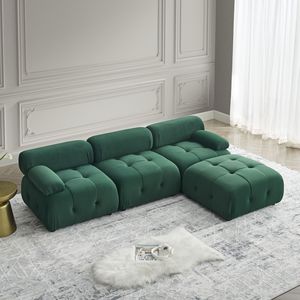 Canapé modulaire en velours vert capitonné, réversible, en forme de L, avec ottoman pour salon D0100H5RZMX - Product Image 2