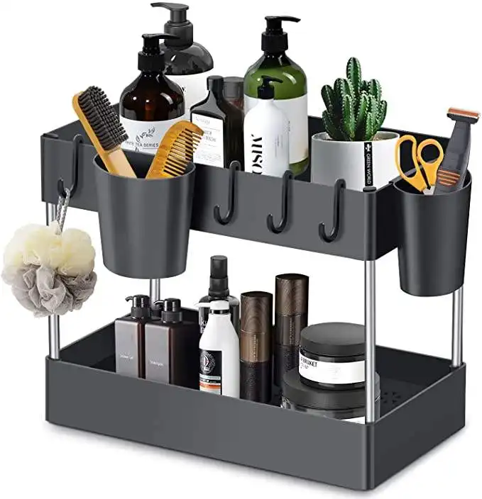 Under Sink Organizers and Storage, 2 Tier Bathroom Organizer Rack with Hooks Hanging Cup, Multi-purpose Bath Collection Baskets