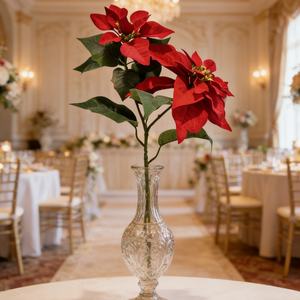 Poinsettias Rojas de Alta Calidad, <span class=keywords><strong>2</strong></span> Cabezas de Flor de Terciopelo, 26 Pulgadas, para Decoraciones de Regreso a Clases, Navidad y Año Nuevo Chino - Product Image 1