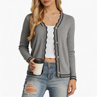 Cardigan en maille côtelée à col en V pour femme, gris, avec bord festonné, bordure contrastante, boutons métalliques, coupe ajustée, manches longues ou courtes, haut de qualité supérieure