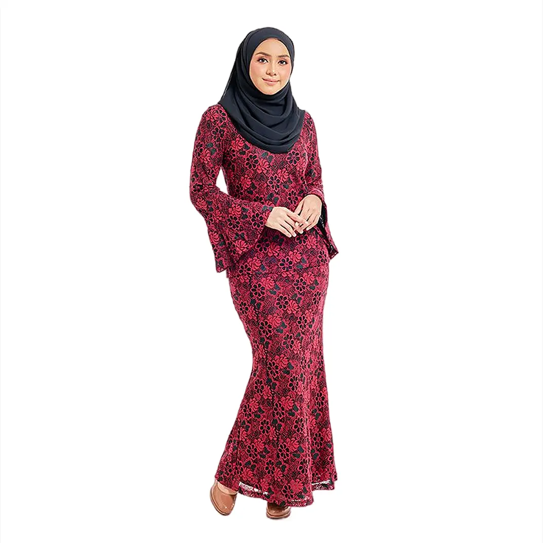 SIPO Tay Loe Feyen Malaysia Tay Áo Ren Kurung Hoa Hồng Màu Đen Dập Nổi Baju Kurung