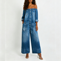 Combinaison en jean délavé à épaules dénudées pour femme, sexy, boutonnée, style streetwear, moulante, tenue une pièce tendance