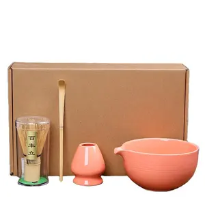 Light color matcha bowl with spout, wholesale cheap price ceramic matcha bowl and bamboo whisk, pink matcha tea set